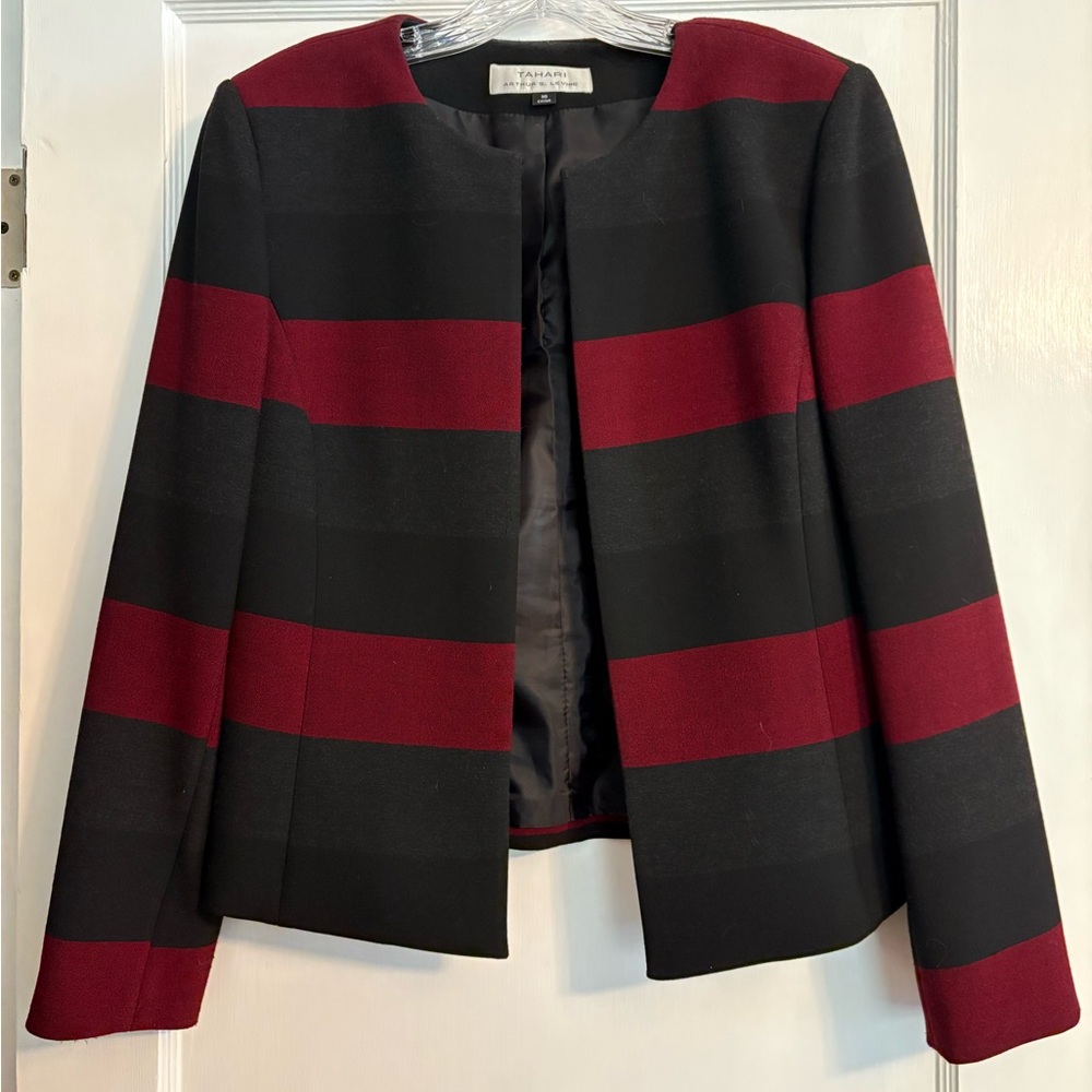 EUC Tahari Black Gray Blood Red Open Blazer 10
